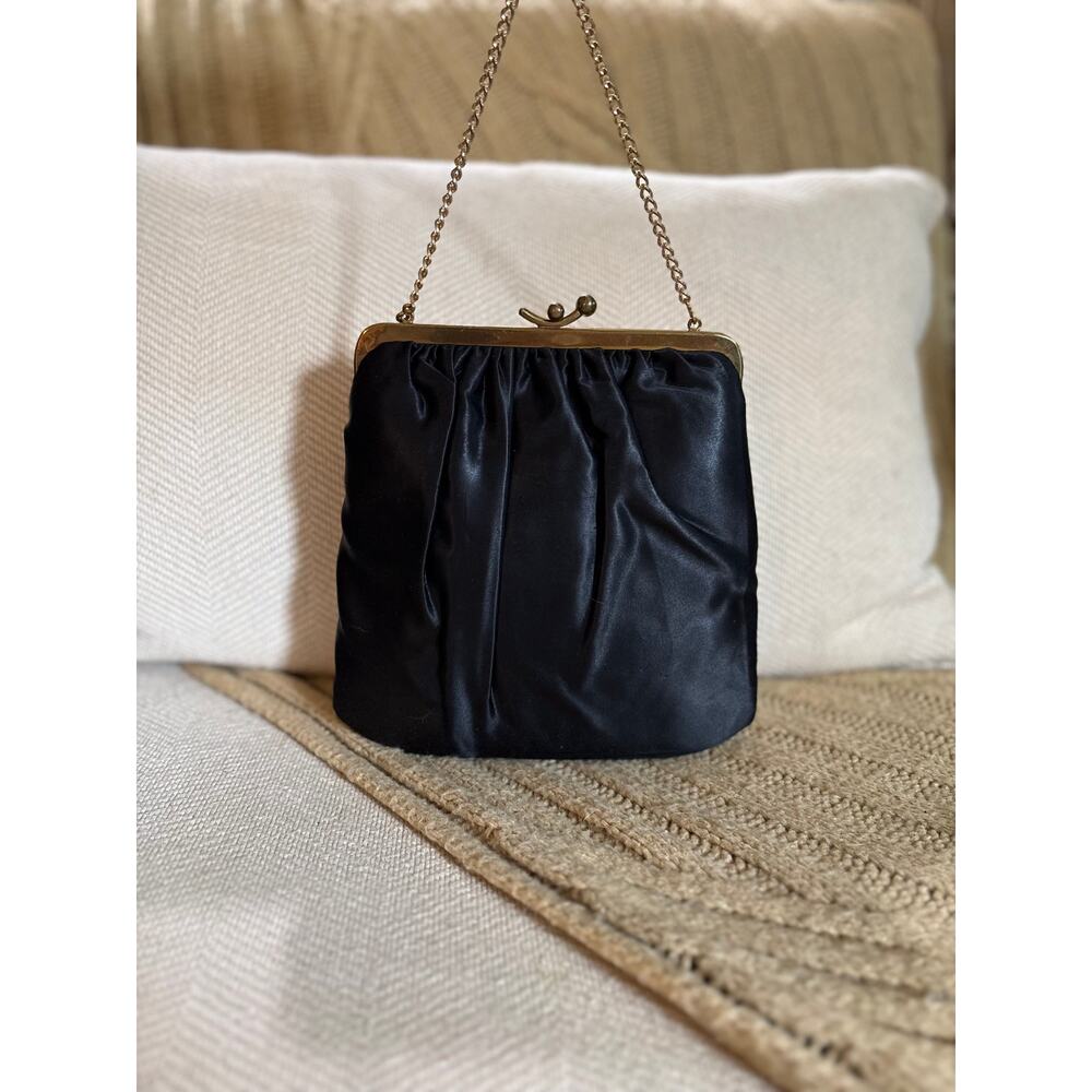 Vintage Charles S. Kahn Black Satin Kisslock Frame Evening Bag 1950's